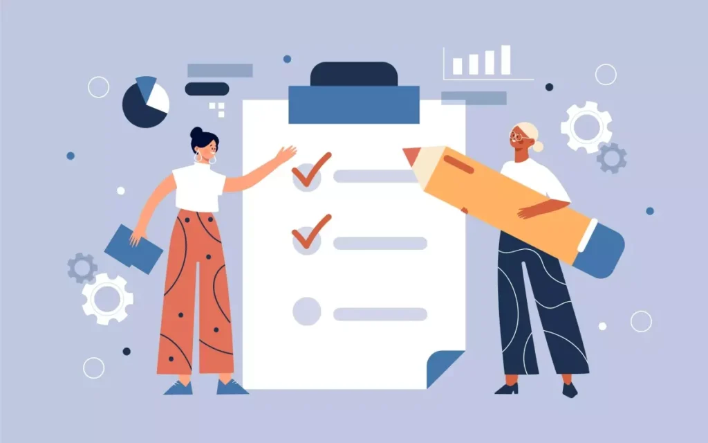 Ilustração de acordo no emprego doméstico com duas mulheres discutindo uma lista de tarefas e cláusulas contratuais, simbolizando a importância de formalizar contratos de trabalho.