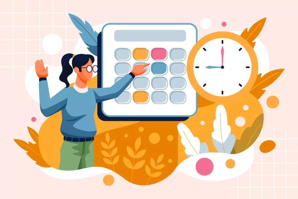 Ilustração de uma pessoa ajustando uma calculadora, simbolizando o cálculo da redução de salário de uma empregada doméstica, com um relógio ao lado. Ideal para entender como calcular a redução salarial na categoria de domésticas.