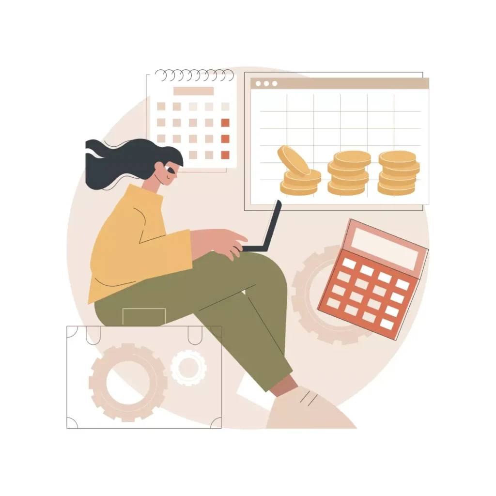 Ilustração representando cálculo de férias na rescisão de contrato de empregada doméstica, com moedas, planilha e calculadora, destacando o tema.