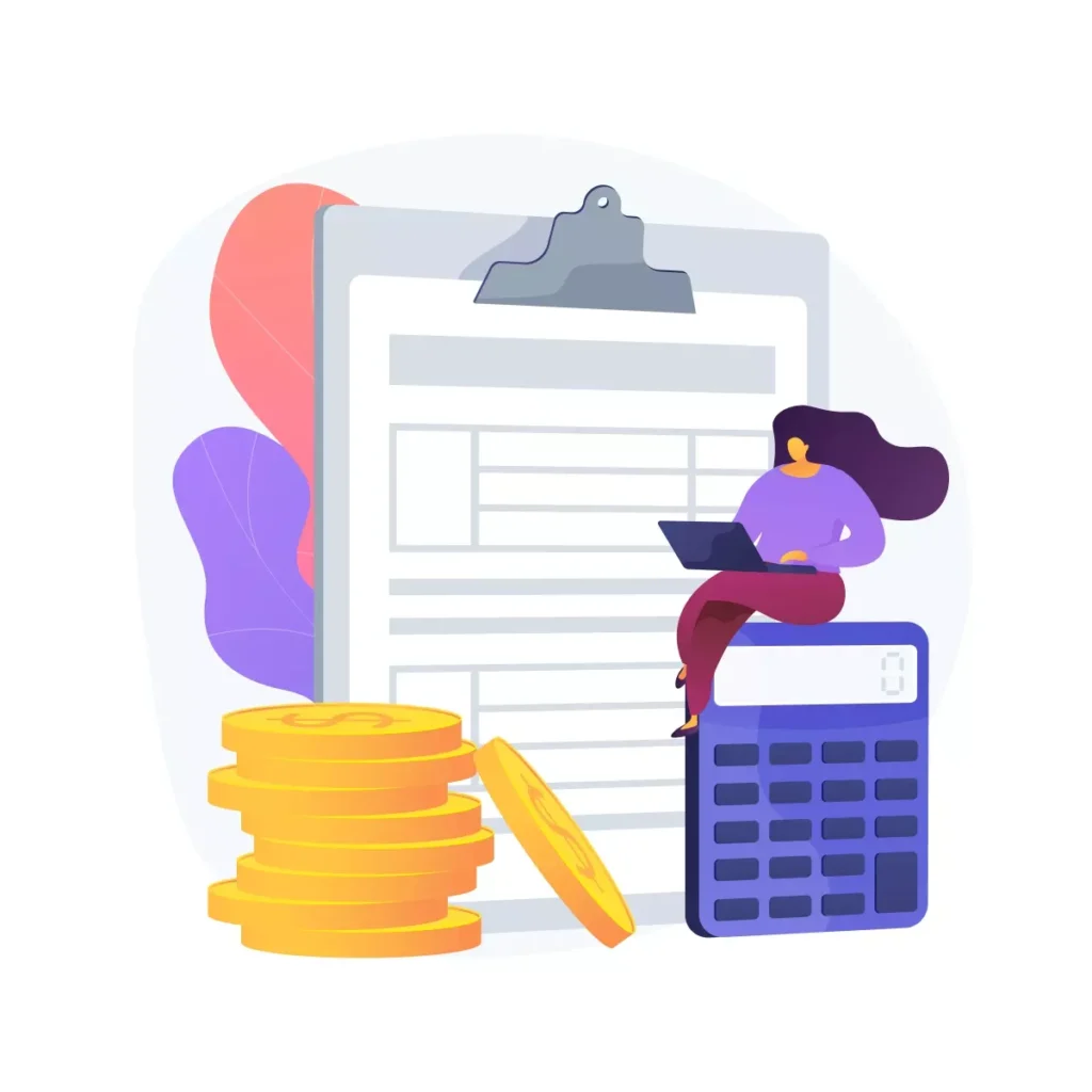 Ilustração mostrando cálculo de salário de empregada doméstica com adicionais, incluindo fichas, moedas, uma calculadora e uma mulher usando um laptop.