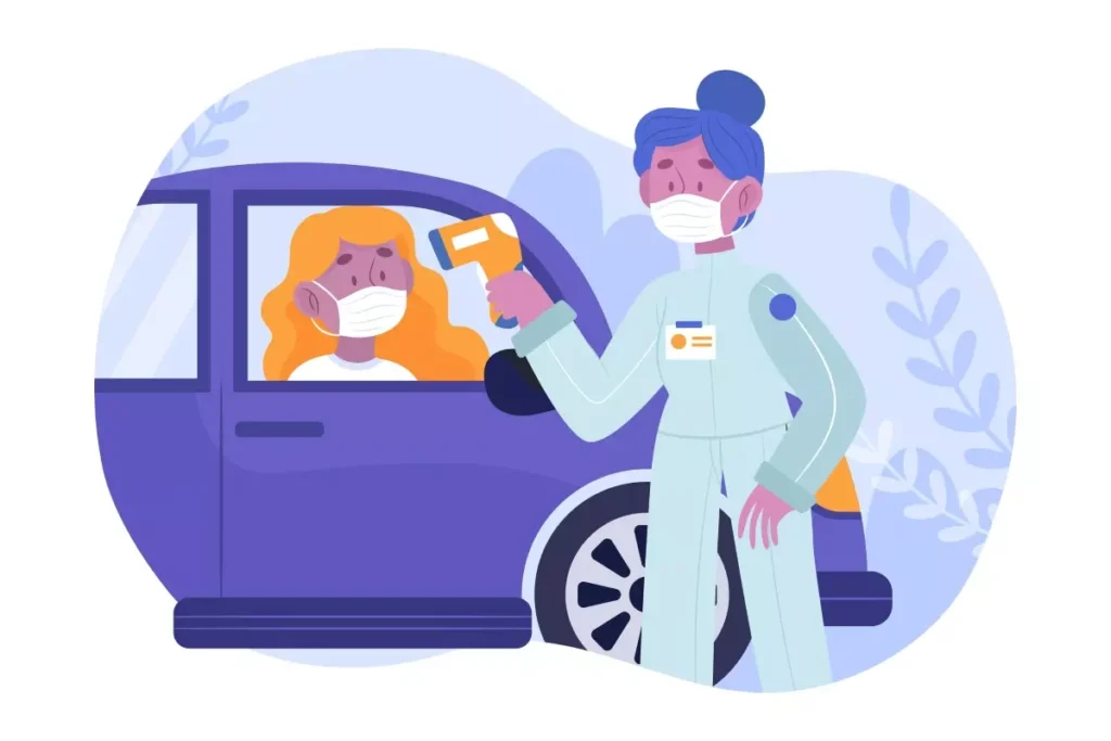Profissional de saúde fazendo aferição de temperatura em mulher dentro de carro, durante a pandemia de coronavírus, relacionada à dispensa de doméstica.