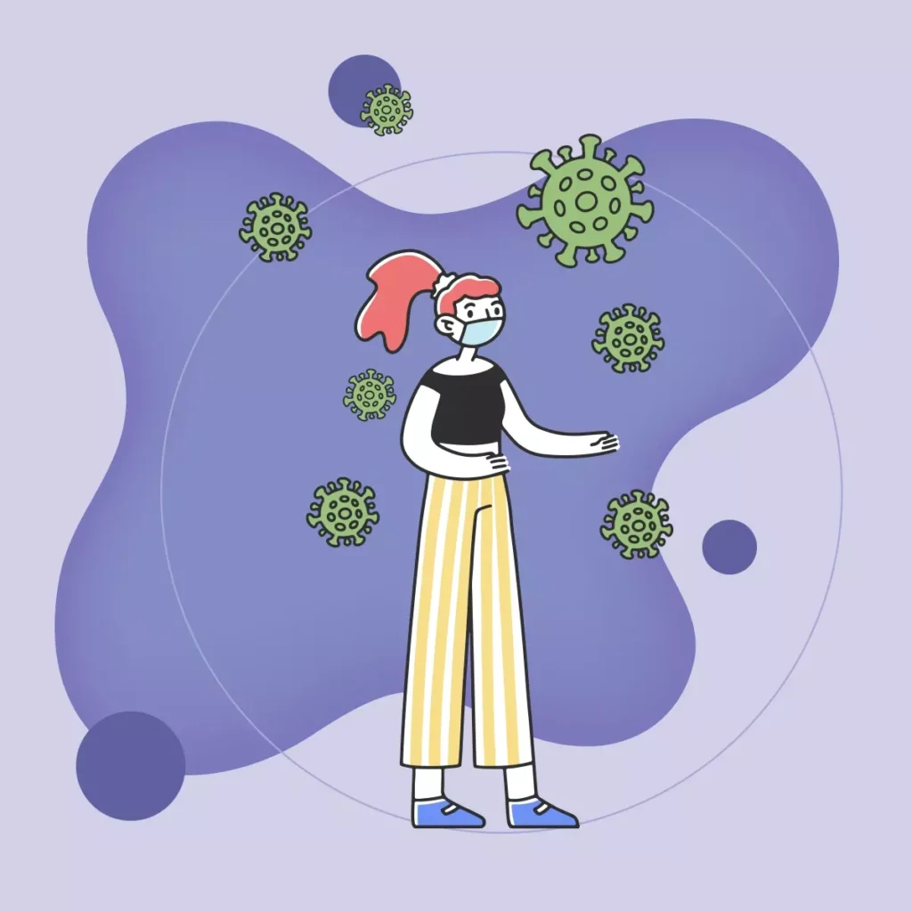 Ilustração de uma mulher usando máscara facial, com vírus de coronavírus ao redor, relacionada à dispensa de empregada doméstica durante a pandemia de COVID-19.
