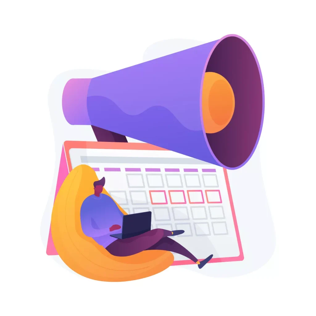 Imagem representando a antecipação do feriado de 9 de julho, com um megafone, calendário e uma pessoa usando laptop, simbolizando expectativa e preparação para o feriado.
