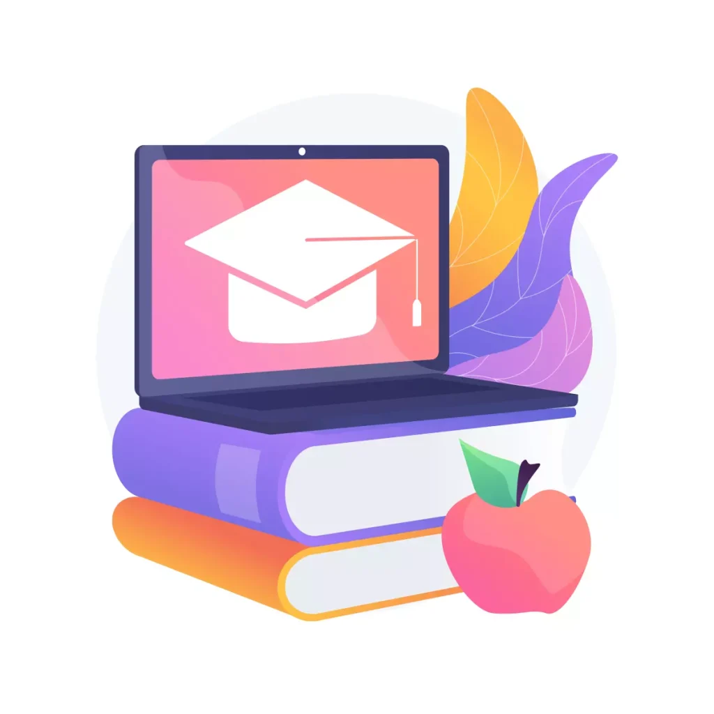Imagem ilustrativa de capacitação dos empregados domésticos, com um laptop exibindo um chapéu de graduação, livros e uma maçã, simbolizando aprendizado e desenvolvimento.