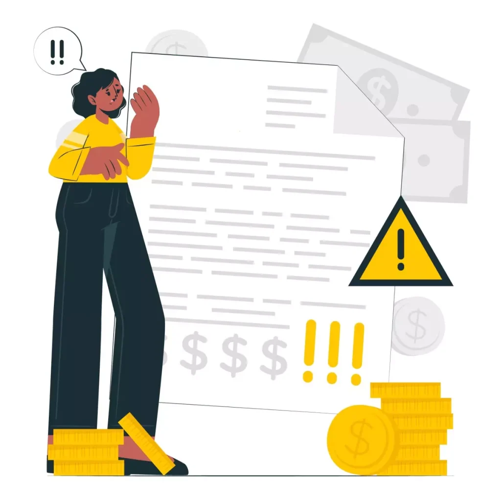 Ilustração de uma mulher preocupada com advertências ao lado de documentos, indicando problemas relacionados ao guia do eSocial que foi pago duas vezes.