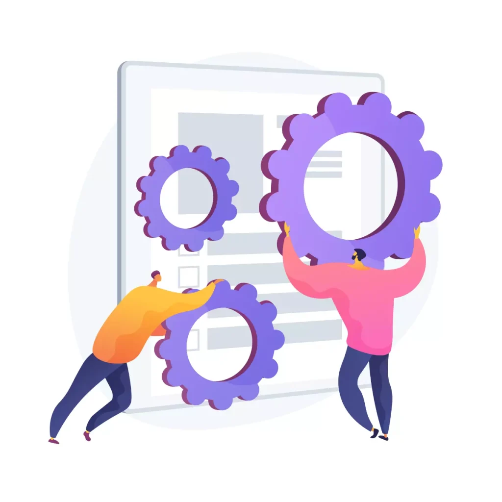 Ilustração representando melhorias no sistema de lançamento de férias do eSocial com engrenagens e pessoas ajustando configurações.