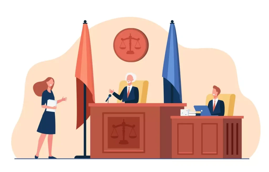 Ilustração de uma audiência na Justiça do Trabalho com uma empregada doméstica, advogado e juiz, destacando ações trabalhistas por parte da empregada doméstica.