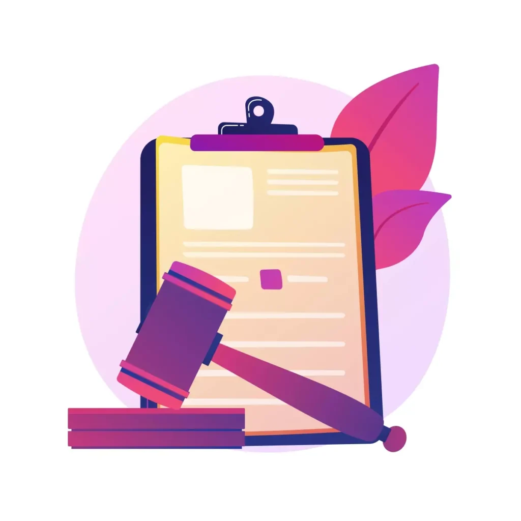Ilustração representando ações trabalhistas por parte da empregada doméstica, com uma petição, martelo e documentos sobre leis trabalhistas.