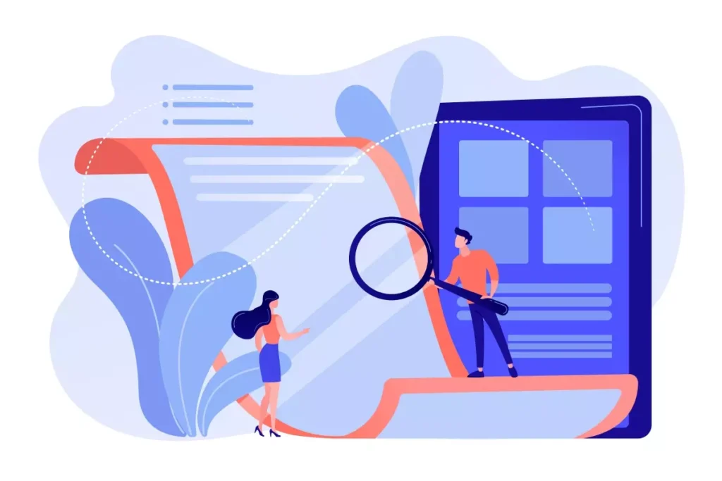 Ilustração representando a anotação de suspensão de contrato e redução de jornada na carteira de trabalho, com elementos digitais e uma lupa evidenciando detalhes.