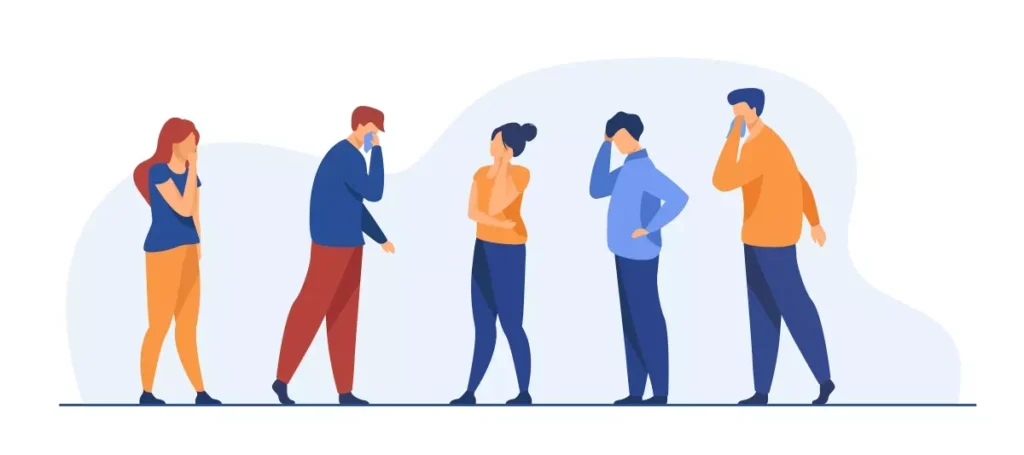 Ilustração de pessoas com sintomas de COVID-19, refletindo a discussão sobre se o coronavírus pode ser considerado acidente de trabalho, com uma fila de indivíduos demonstrando desconforto ou preocupação.