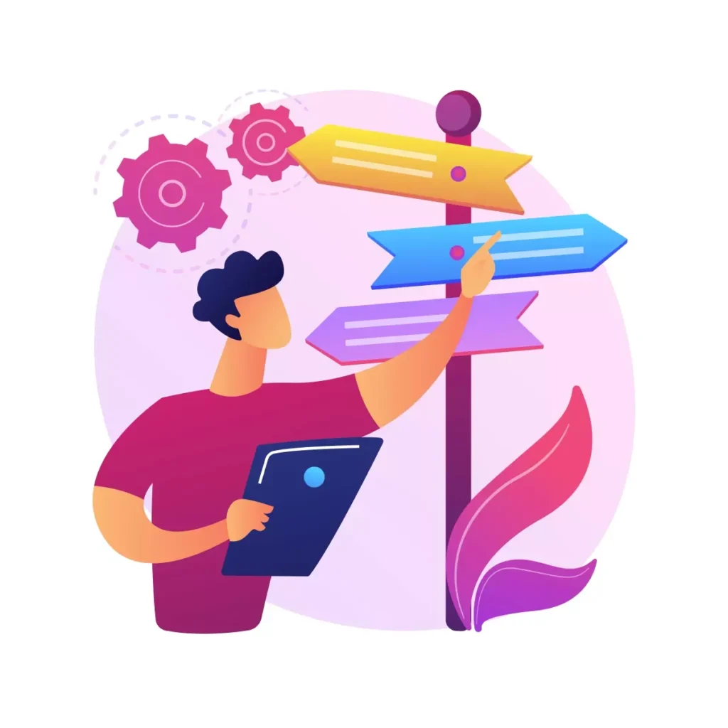 Ilustração representando a escolha entre diferentes caminhos relacionados ao período aquisitivo e concessivo de férias, com um personagem apontando para sinais coloridos.