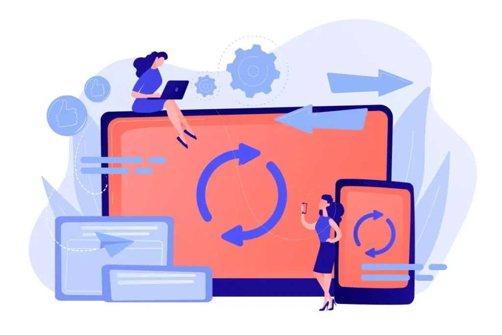 Ilustração digital representando o processo de recontratação de empregada doméstica, com pessoas usando dispositivos móveis e computadores, simbolizando tecnologia e gestão trabalhista.