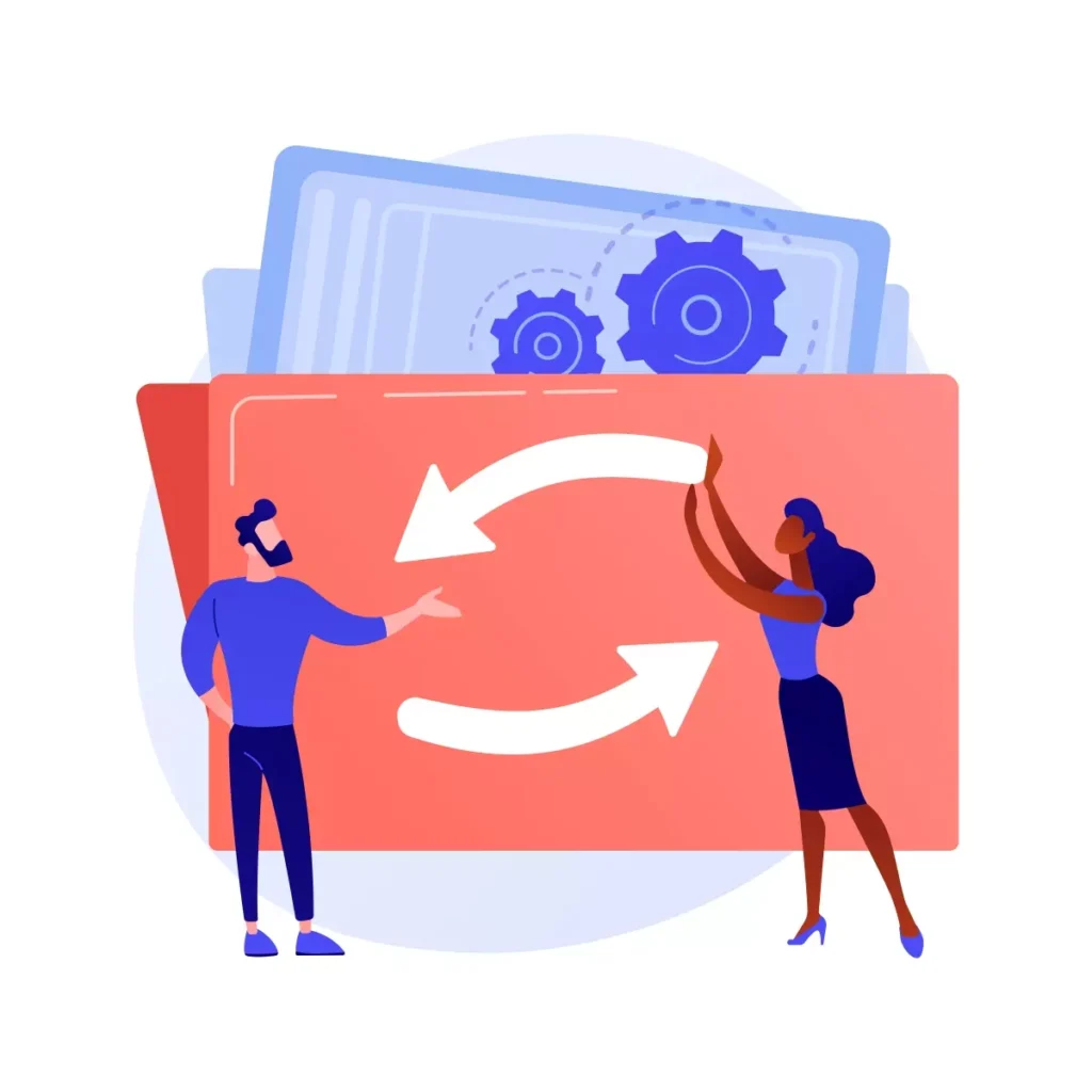 Ilustração mostrando a recontratação de empregada doméstica, com duas pessoas trocando documentos e processos de troca ou retificação de contrato de trabalho.