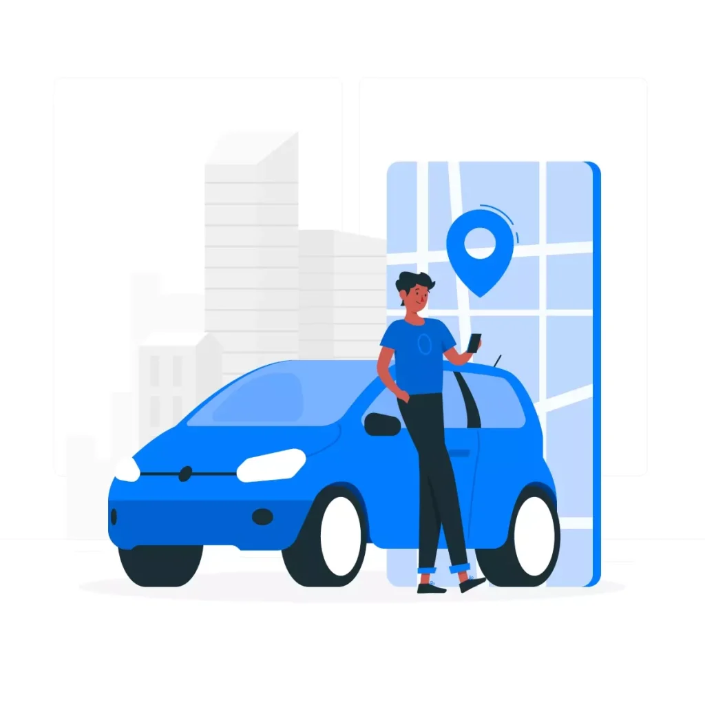 Ilustração de um motorista particular usando smartphone ao lado de seu carro, representando a rotina e a jornada de trabalho do motorista particular na cidade.
