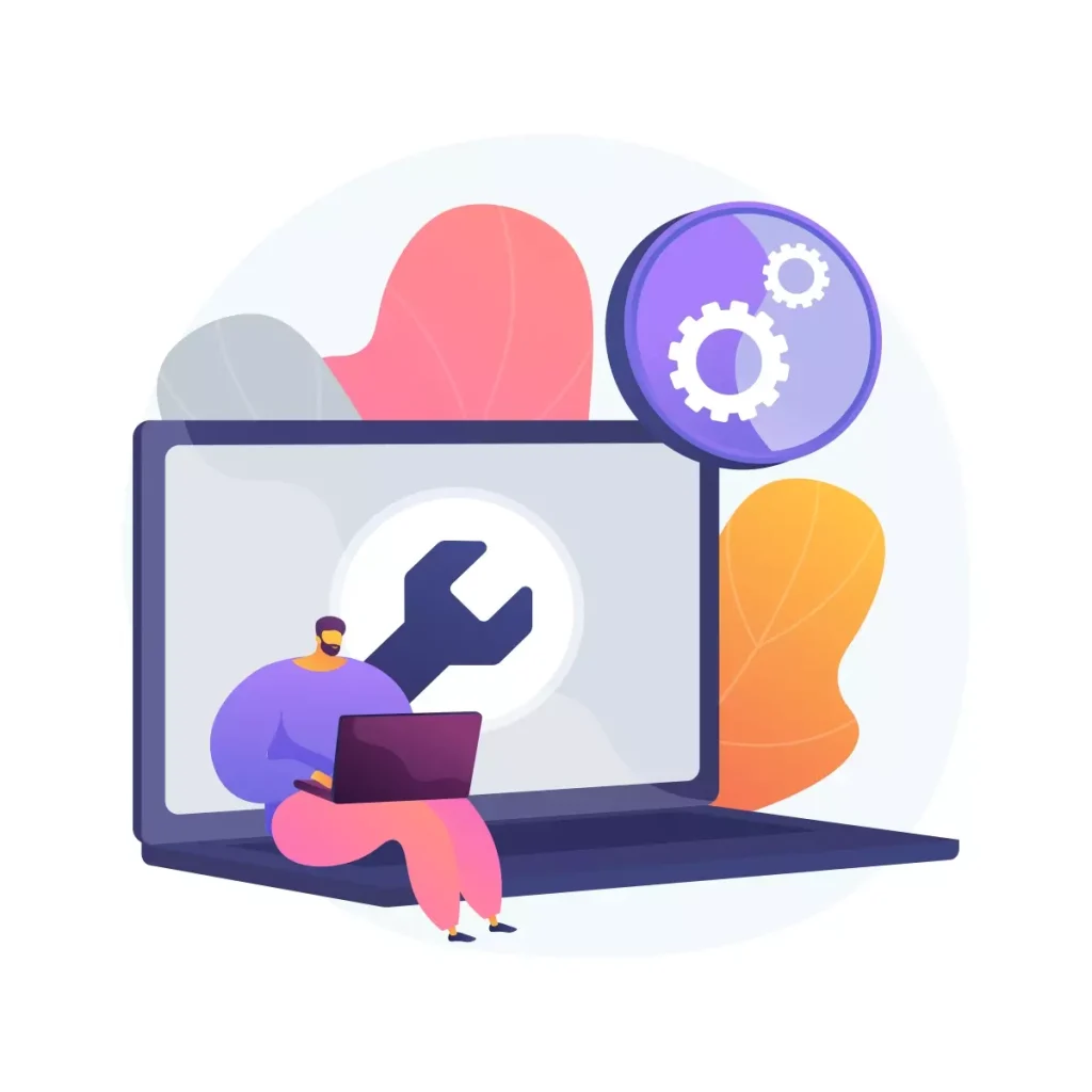Ilustração que representa o processo de transferência de titularidade no eSocial, destacando uma pessoa com laptop, engrenagens e recursos tecnológicos.