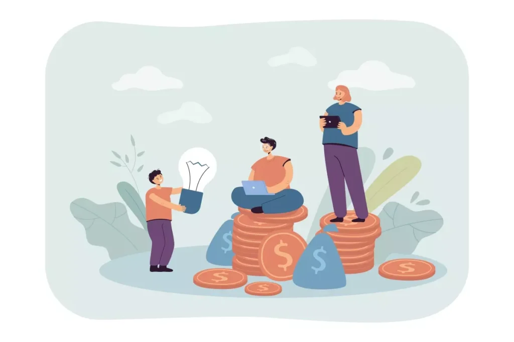 Ilustração de pessoas discutindo auxílio-creche, com símbolos de dinheiro e tecnologia, representando benefícios financeiros para cuidados infantis.