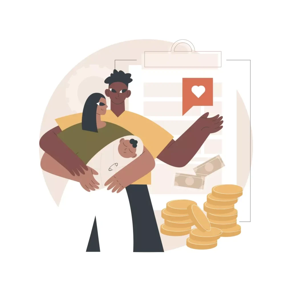 Família recebendo auxílio-creche para cuidar do bebê, com pilhas de dinheiro e carteira de benefícios em destaque, promovendo o apoio financeiro às famílias.