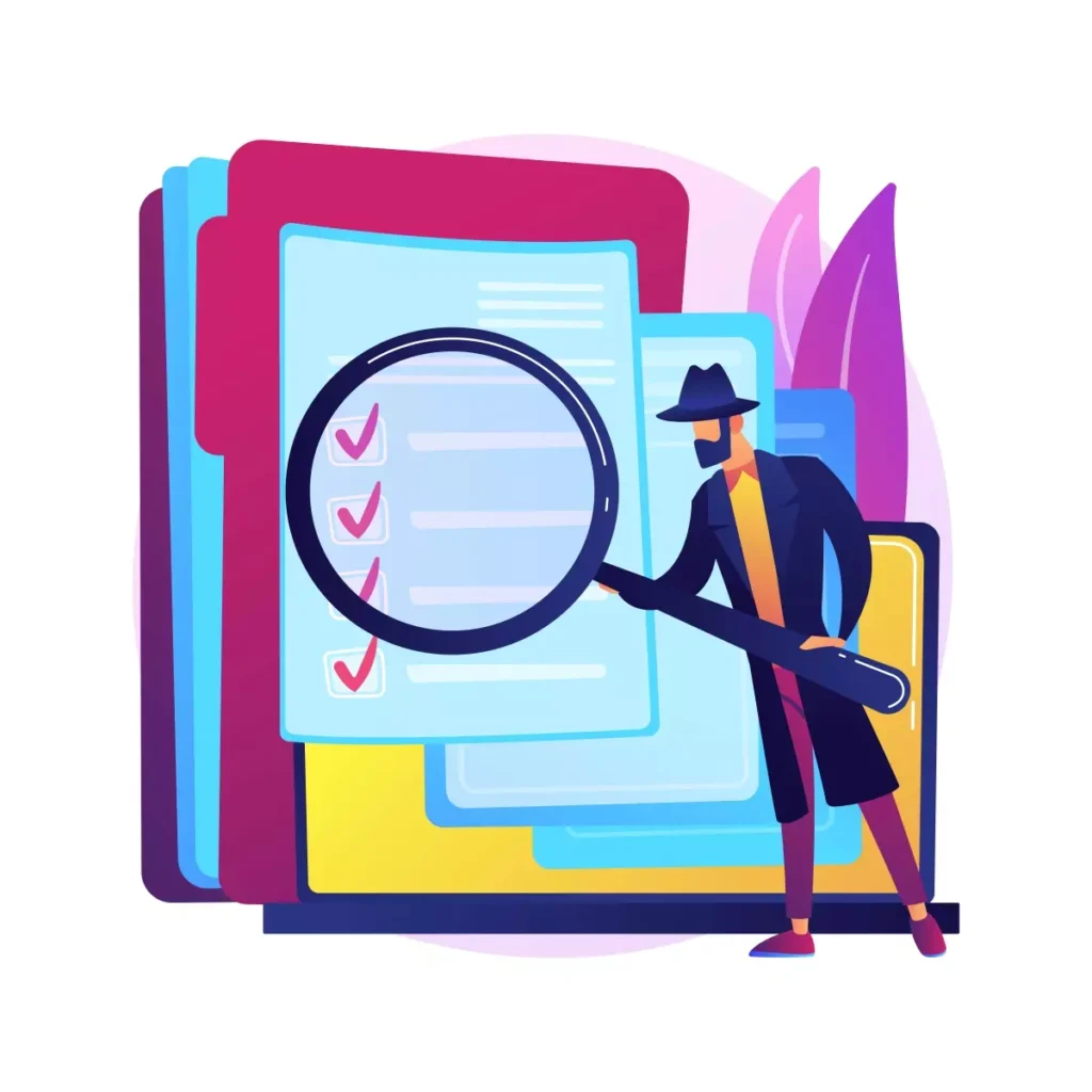 Ilustração de pessoa usando lupa para revisar certidões de antecedentes criminais, com documentos coloridos ao fundo, destacando a importância da verificação de antecedentes.