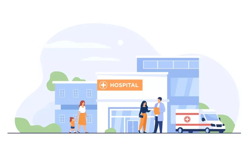 Ilustração de uma situação de comunicado de acidente de trabalho em um hospital, com funcionários atendendo uma vítima e uma ambulância estacionada.