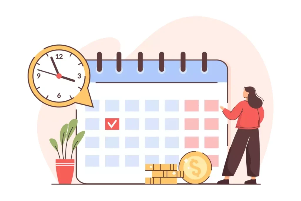 Ilustração de calendário e relógio destacando as datas de pagamento das domésticas, com uma mulher apontando para o calendário e símbolos de dinheiro.