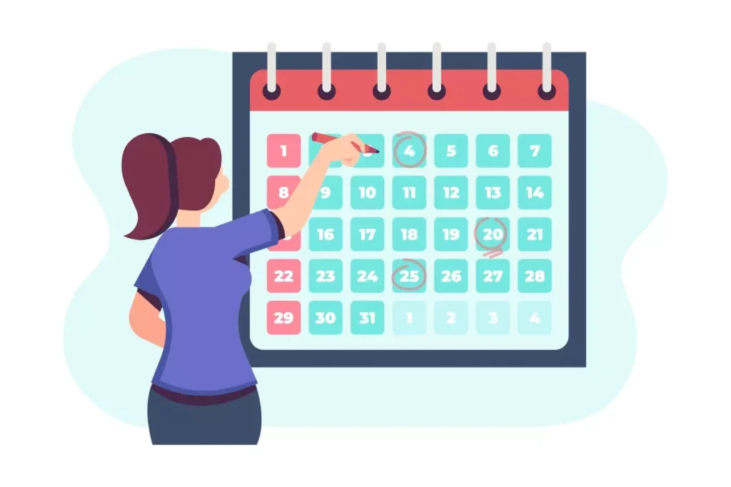 Ilustração de uma mulher marcando a data de início das férias na agenda, simbolizando o começo do período de descanso da empregada doméstica.