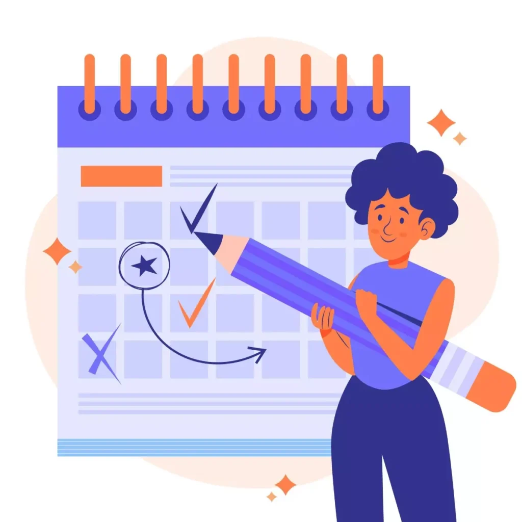 Ilustração de uma pessoa marcando o início das férias da doméstica em um calendário, simbolizando a preparação e organização para o período de descanso.