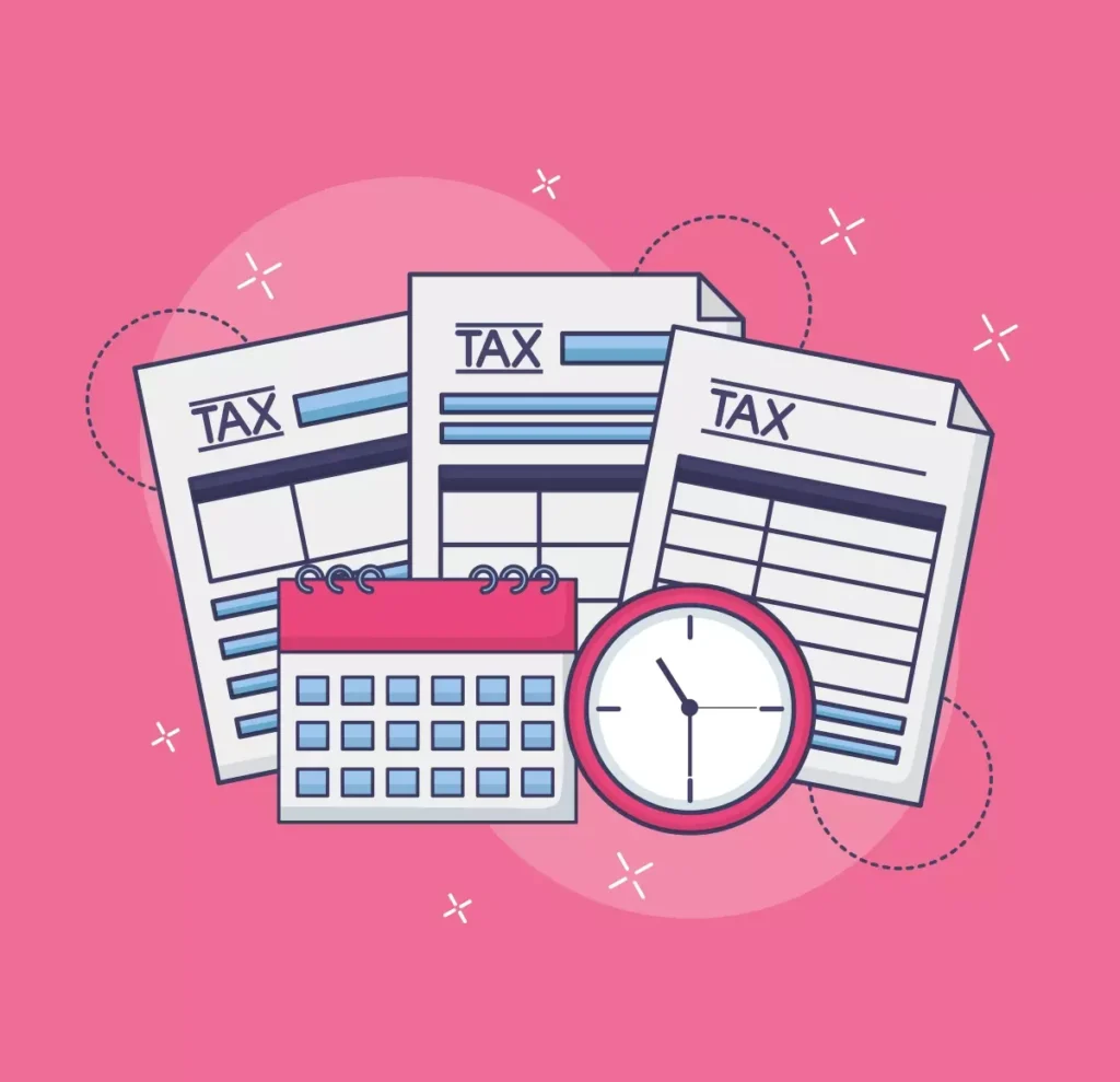 Ilustração representando prorrogação da suspensão de contrato da doméstica com documentos, calendário e relógio em fundo rosa