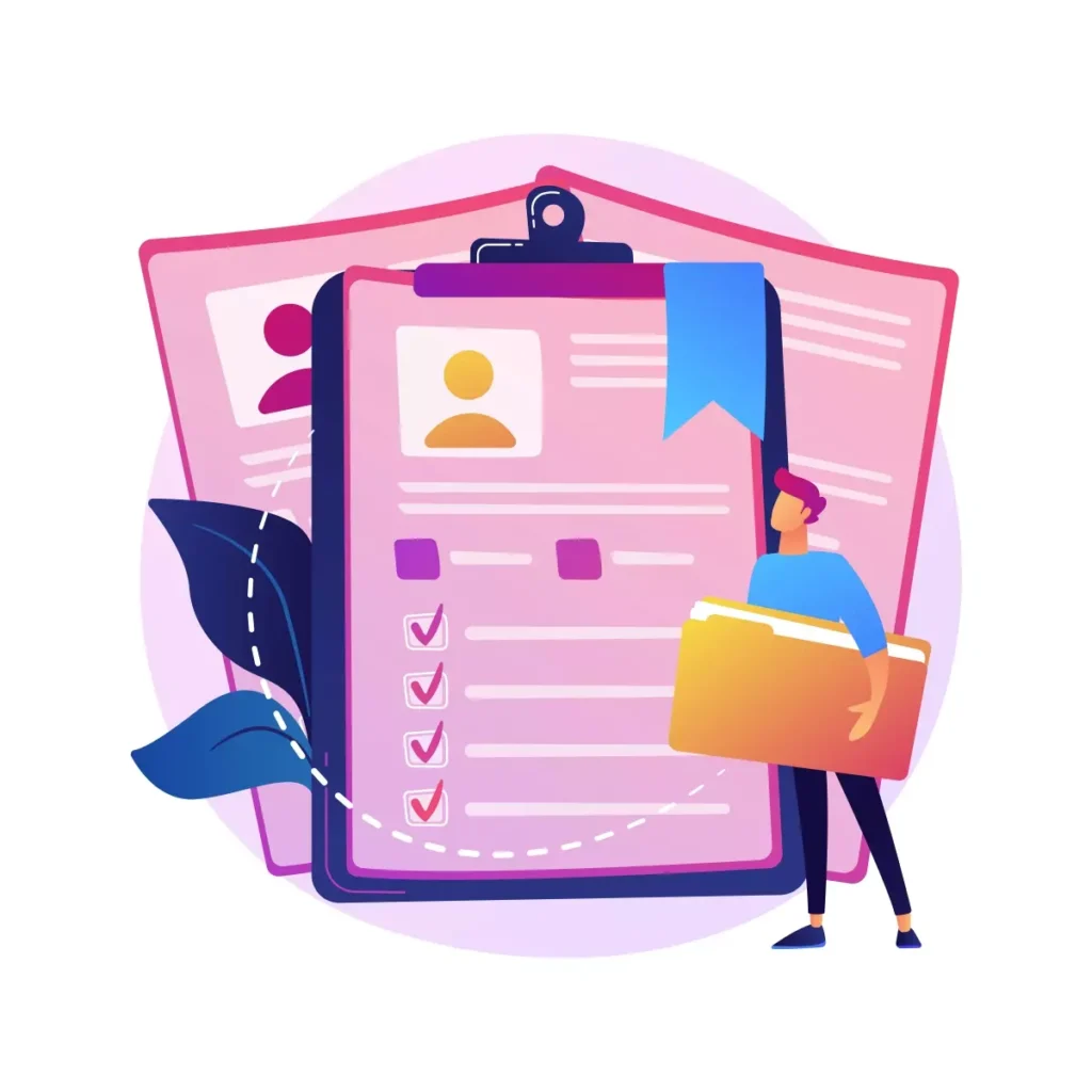 Ilustração explicando a rescisão de contrato após as férias de uma empregada doméstica, incluindo documento, checklist e pessoa com pasta de arquivos.