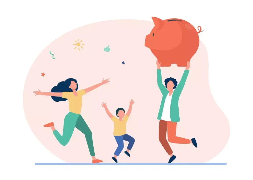 Ilustração de uma família feliz comemorando benefícios relacionados a salário-família e suspensão de contrato, simbolizando apoio financeiro e estabilidade familiar.