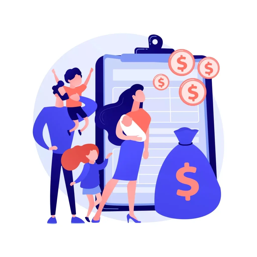 Ilustração representando salários-família e suspensão de contrato, com uma mulher segurando um bebê ao lado de uma família, e símbolos de dinheiro ao redor de um grande smartphone.
