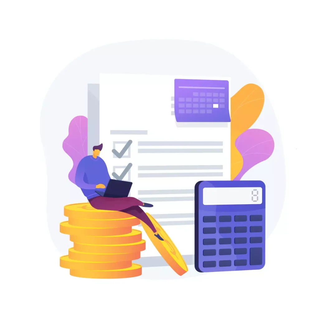 Imagem ilustrativa sobre desconto de faltas no salário da empregada doméstica, mostrando uma pessoa com lista de tarefas, calculadora e moeda, representando a gestão de salário e descontos.