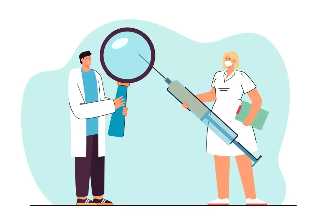 Ilustração de um profissional de saúde e uma enfermeira trocando uma ideia sobre auxílio-doença doméstica durante a pandemia, evidenciando cuidados médicos e proteção pessoal.