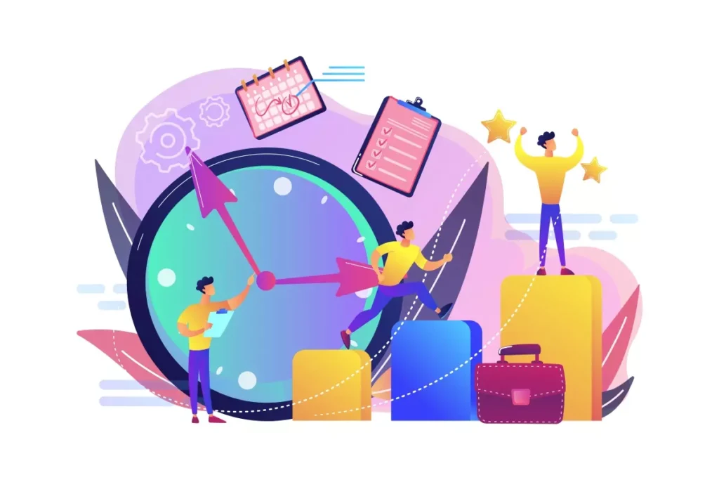 Ilustração colorida representando o tema sobre descontos no salário da doméstica, com elementos como relógio, gráficos, tarefas e uma pessoa comemorando.