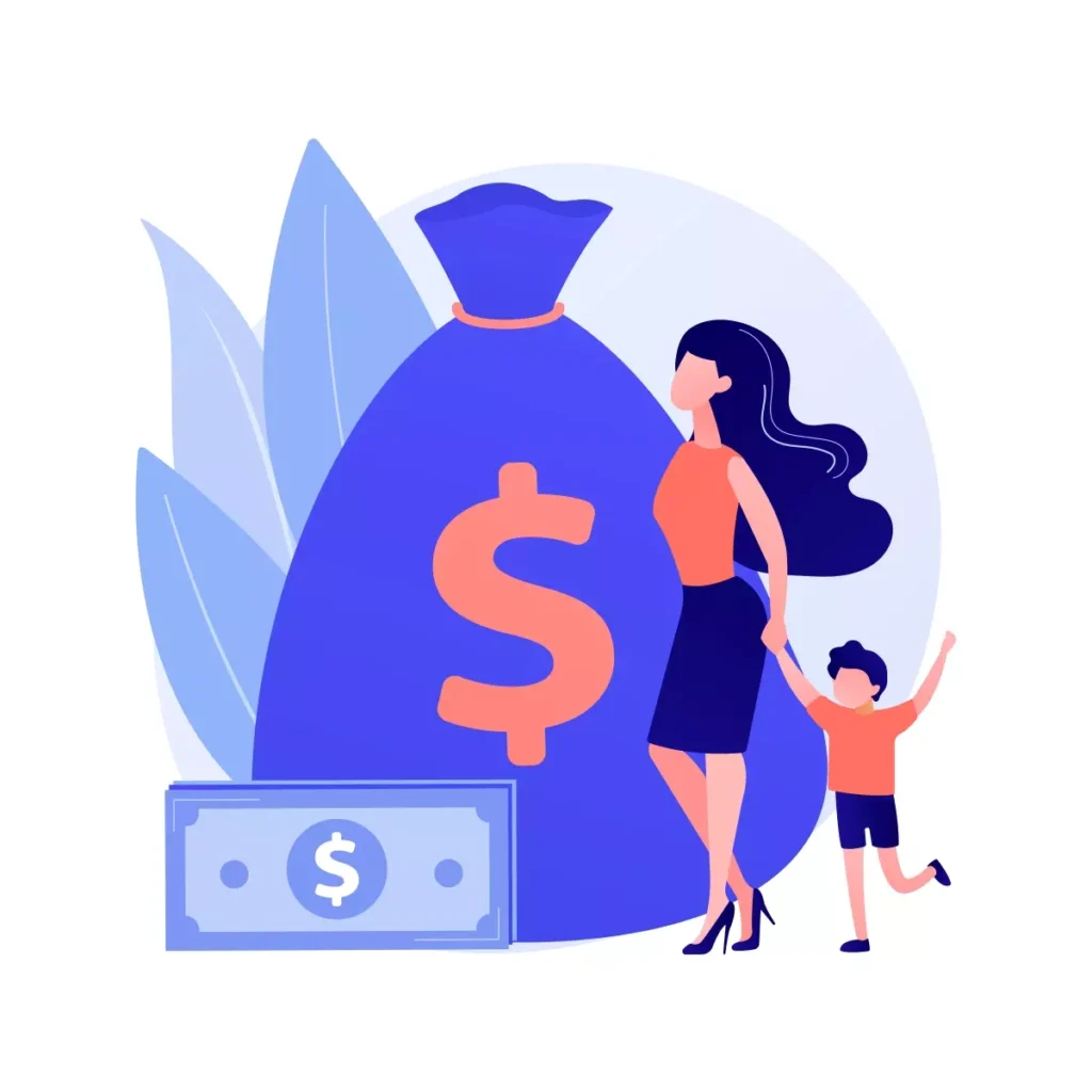 Ilustração sobre descontos no salário da doméstica, mostrando uma mulher e uma criança ao lado de uma grande bolsa de dinheiro com um símbolo de dólar, destacando a redução salarial na área doméstica.