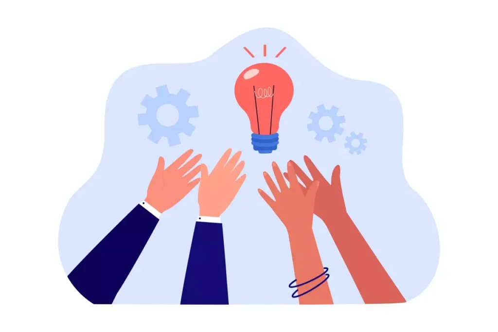 Ilustração de várias mãos levantadas em direção a uma lâmpada acesa, simbolizando ideias e responsabilidades relacionadas aos direitos e deveres do empregador doméstico.