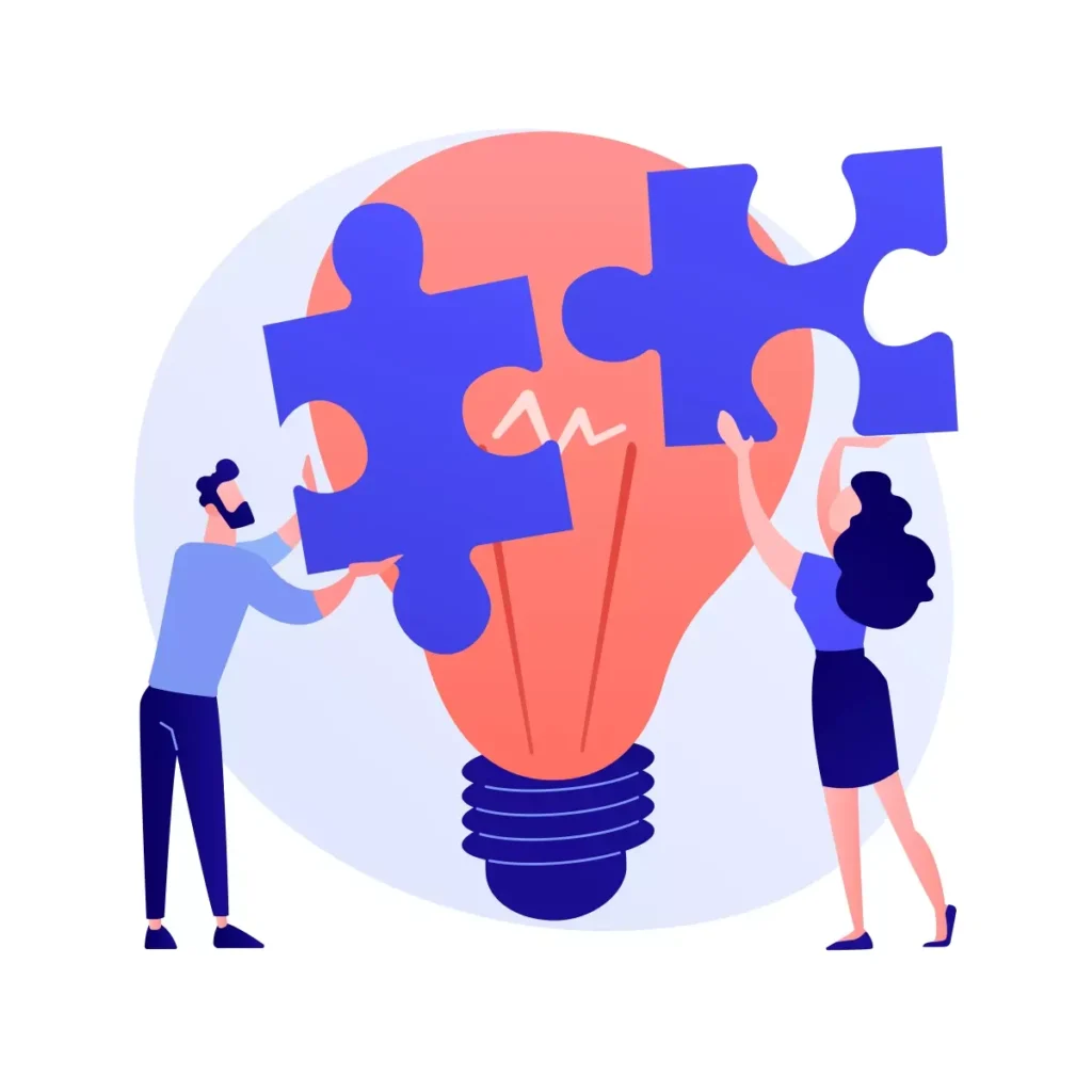 Ilustração representando a importância do entendimento dos direitos e deveres do empregador doméstico, com duas pessoas encaixando peças de quebra-cabeça em uma lâmpada, simbolizando ideias e soluções para relações de trabalho harmoniosas.