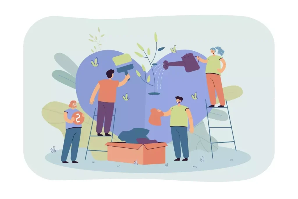 Ilustração de uma doméstica aposentada que trabalha e recebe auxílio-emergencial, cuidando do jardim e ajudando nas tarefas domésticas