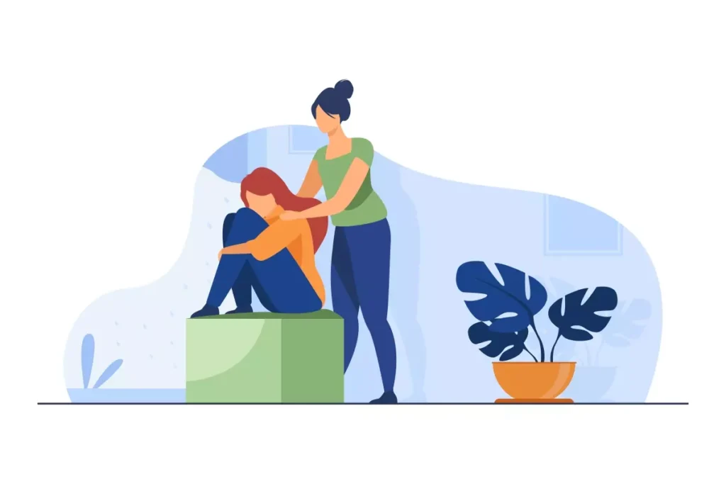Imagem ilustrativa de uma mulher confortando uma pessoa que está emocionada, em um ambiente doméstico, simbolizando o direito a licença por morte familiar para trabalhadoras domésticas.
