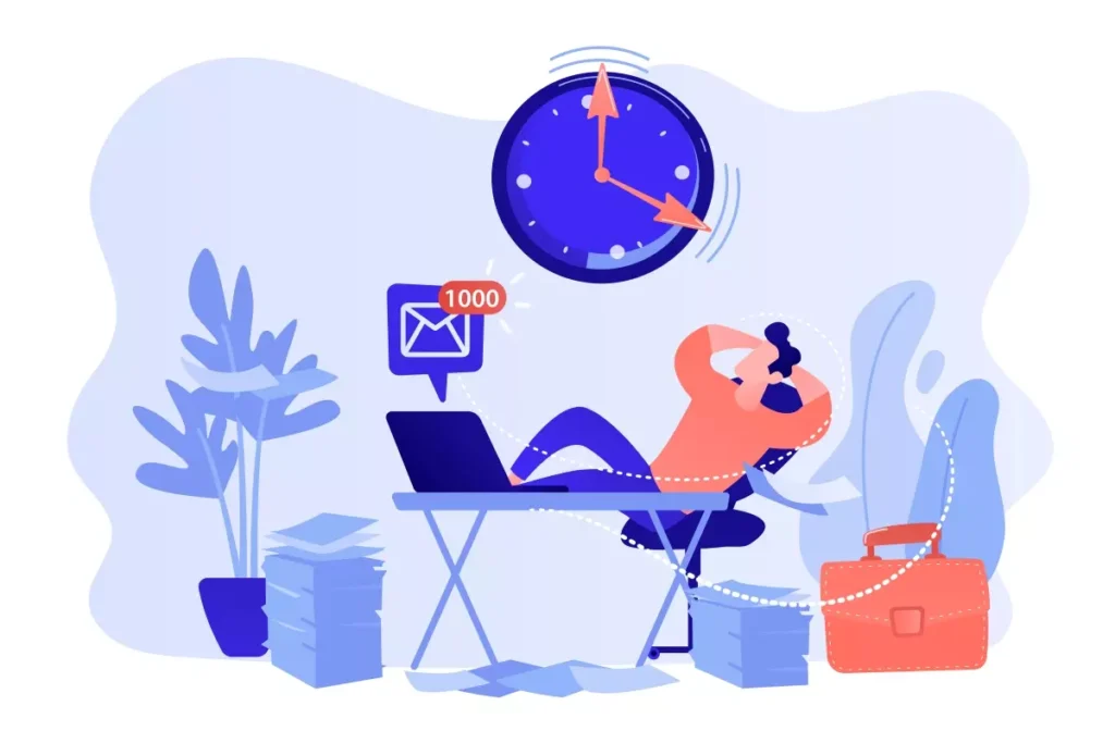 Ilustração representando as faltas do empregado doméstico, com um trabalhador relaxando na cadeira ao lado de um relógio, uma bandeja e uma pilha de documentos.