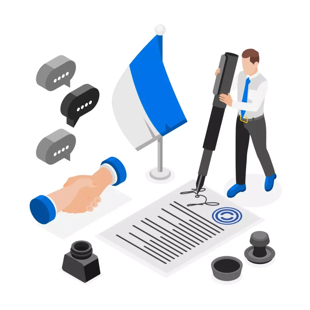 Ilustração de assinatura de contrato com símbolo da bandeira do Brasil ao fundo, representando prorrogação da suspensão de contrato e redução de jornada de trabalho.