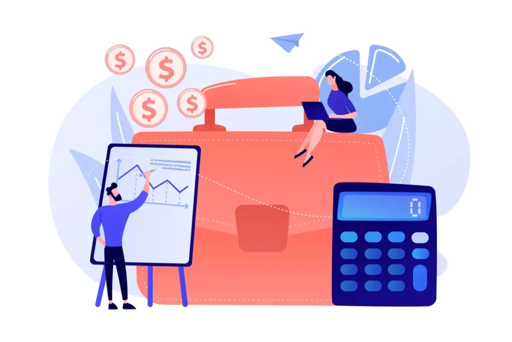 Ilustração representando redução de salário da empregada doméstica, com gráficos, calculadora, mala e mulher com laptop discutindo finanças.