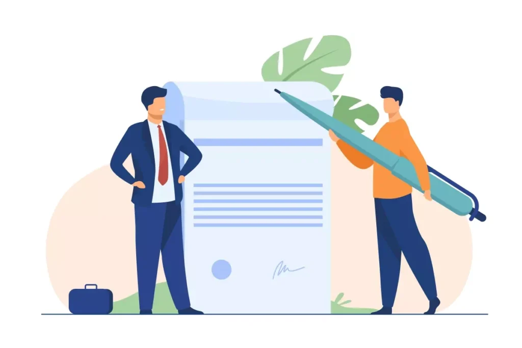 Ilustração sobre regularização do empregado doméstico, mostrando duas pessoas ao lado de um grande documento e uma delas segurando uma caneta gigante, simbolizando assinatura e formalização da relação de trabalho.