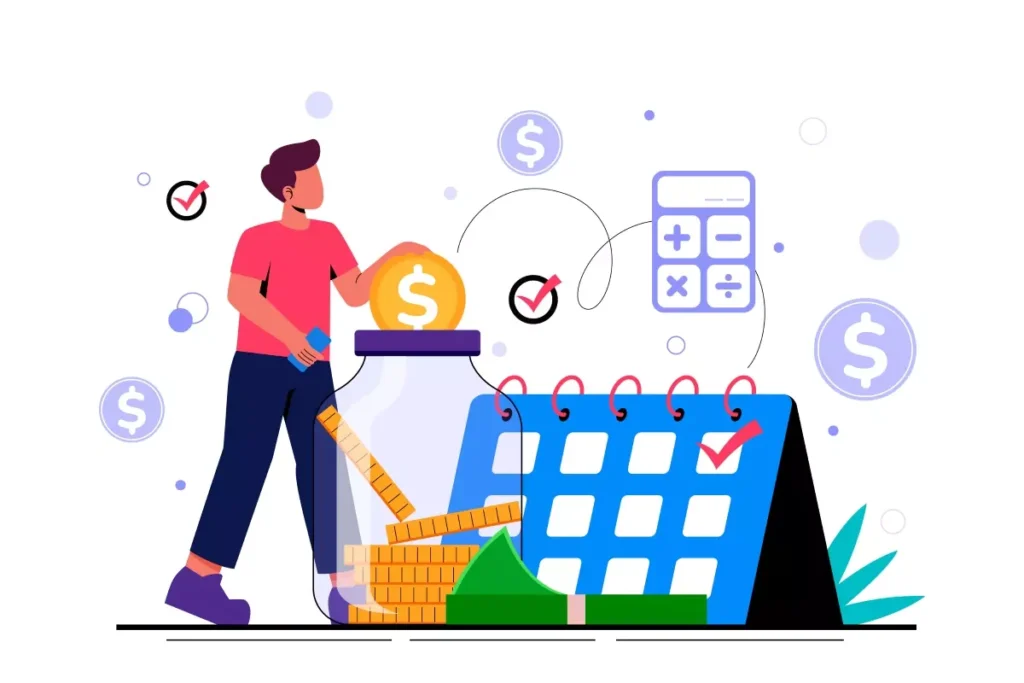 Ilustração representando saque emergencial de FGTS para domésticas, com calendário, moedas, balança e símbolo de dólar, destacando benefícios e economia.