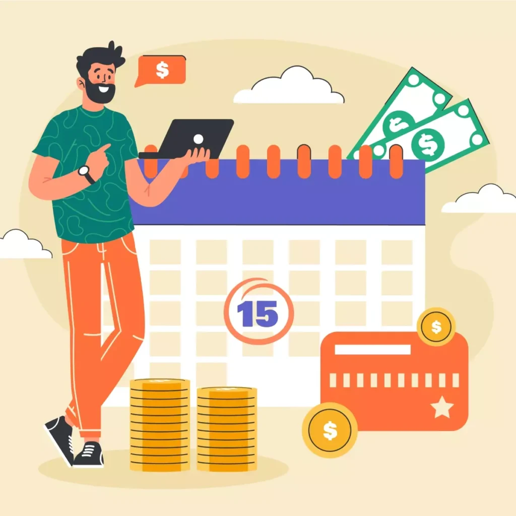Ilustração explicando o saque emergencial de FGTS para domésticas, com calendário, dinheiro, cartão e uma pessoa usando tablet, destacando o benefício do saque emergencial de FGTS para domésticas.