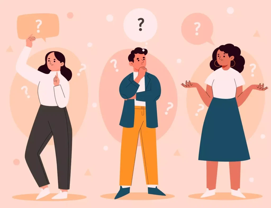 Ilustração de três pessoas discutindo dúvidas sobre suspender contrato e reduzir jornada principal, com sinais de interrogação ao redor.
