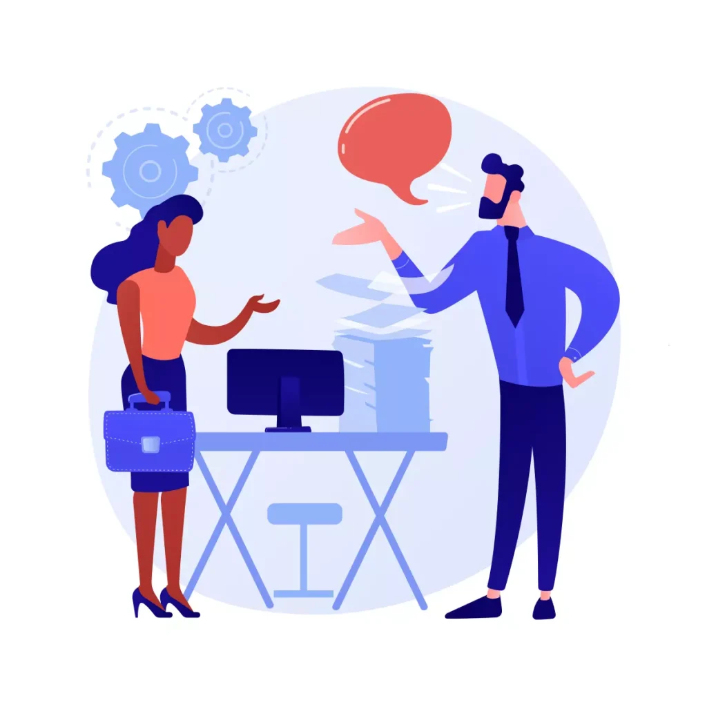 Ilustração representando uma situação de demissão de empregada doméstica, com uma mulher e um empregador conversando em um ambiente de escritório.