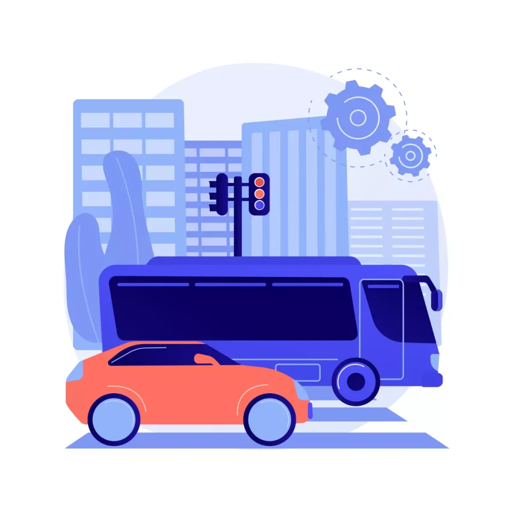 Transporte de uma doméstica recebendo pagamento em dinheiro para pagar o vale transporte, com ônibus, carro e edifícios ao fundo.