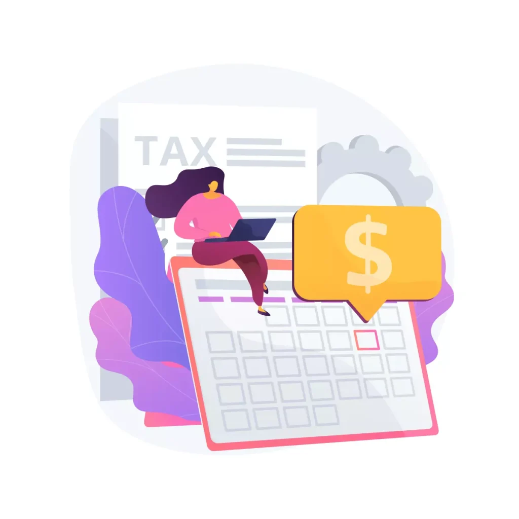 Ilustração representando o pagamento de salário de uma doméstica, com calendário, laptop, e símbolo de dinheiro, destacando que sábado é dia útil para essa transação.