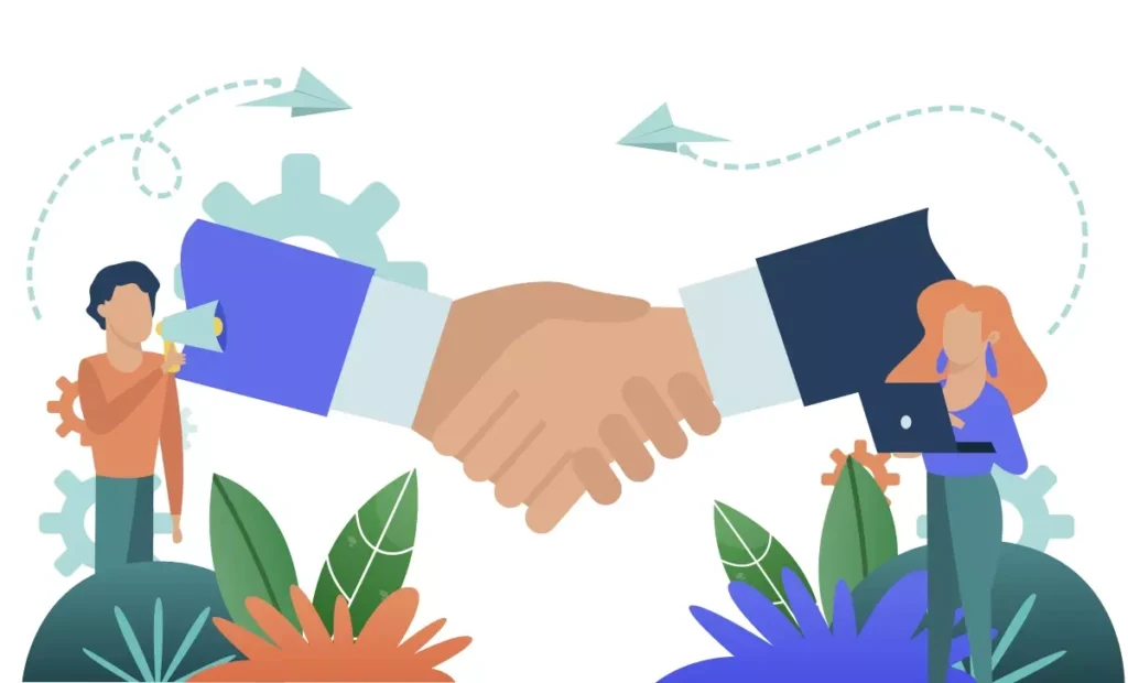 Ilustração de um acordo entre empregador e empregada doméstica, com documentos, troca de itens e símbolo de dinheiro, destacando a relação trabalhista.