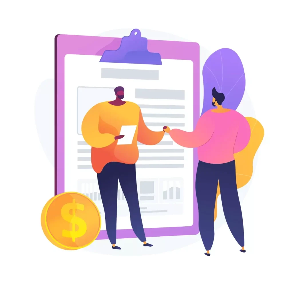 Ilustração de um acordo entre empregador e empregada doméstica, com documentos, troca de itens e símbolo de dinheiro, destacando a relação trabalhista.